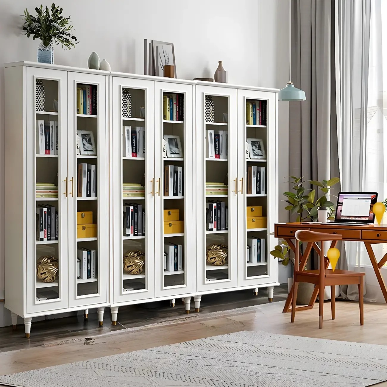 Modern White Engineered Wood Glass Door Bookcase