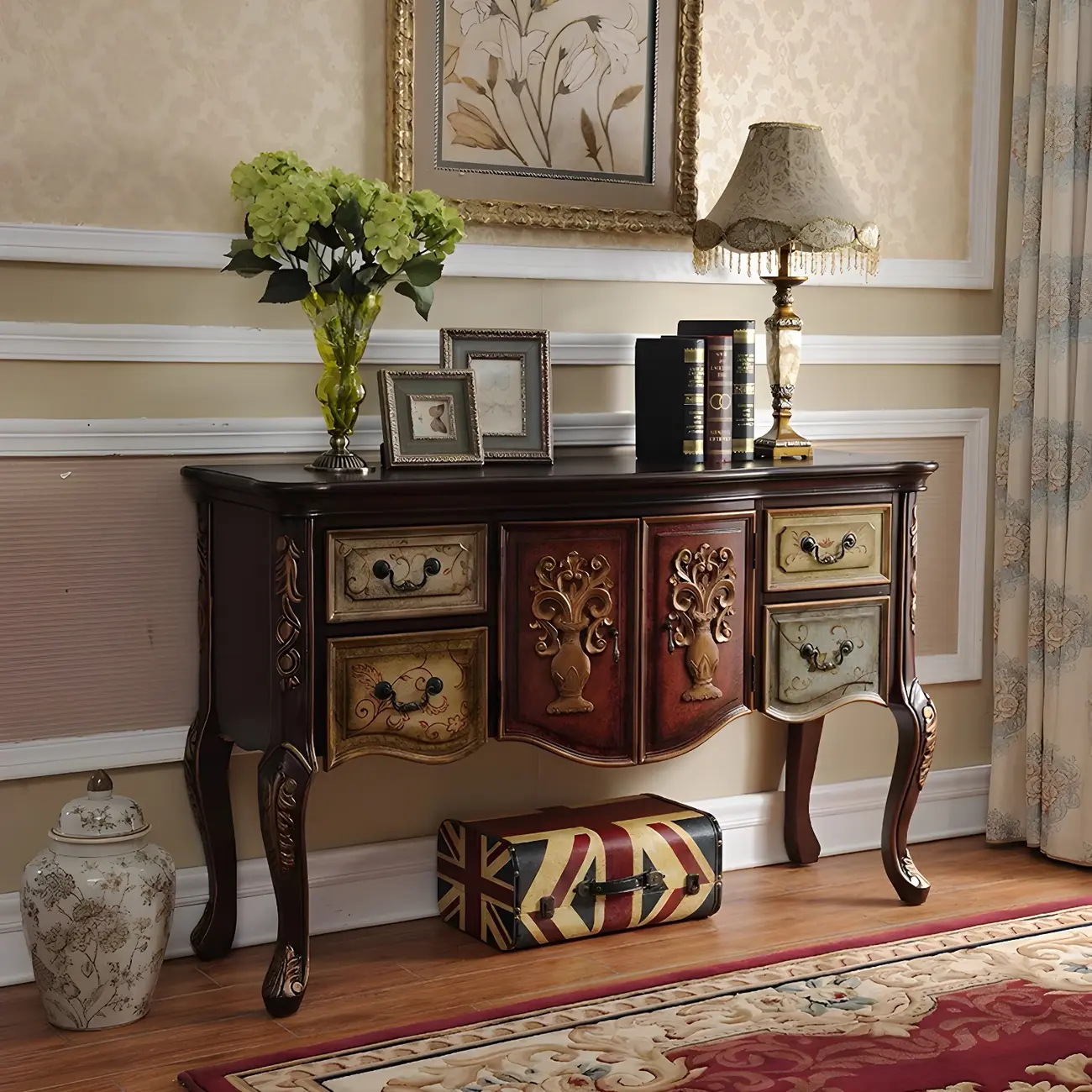 French Coffee Wood Storage Console Table with Drawers Image - 1 | homeyfad