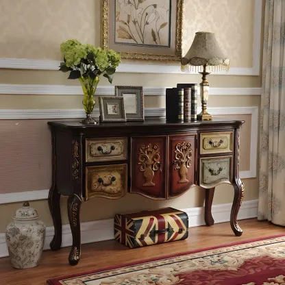 French Coffee Wood Storage Console Table with Drawers Image - 1