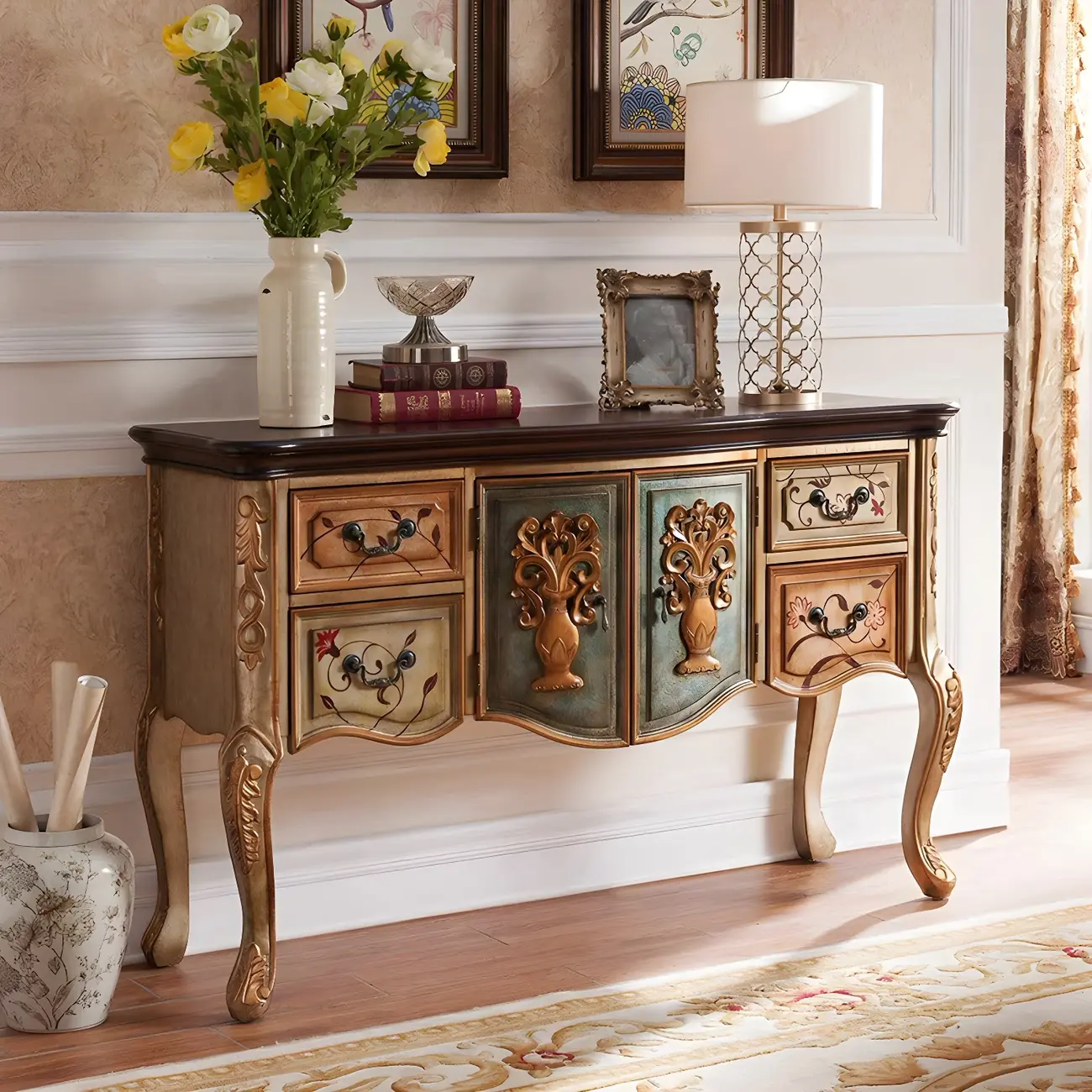 French Coffee Wood Storage Console Table with Drawers Image - 2 | homeyfad