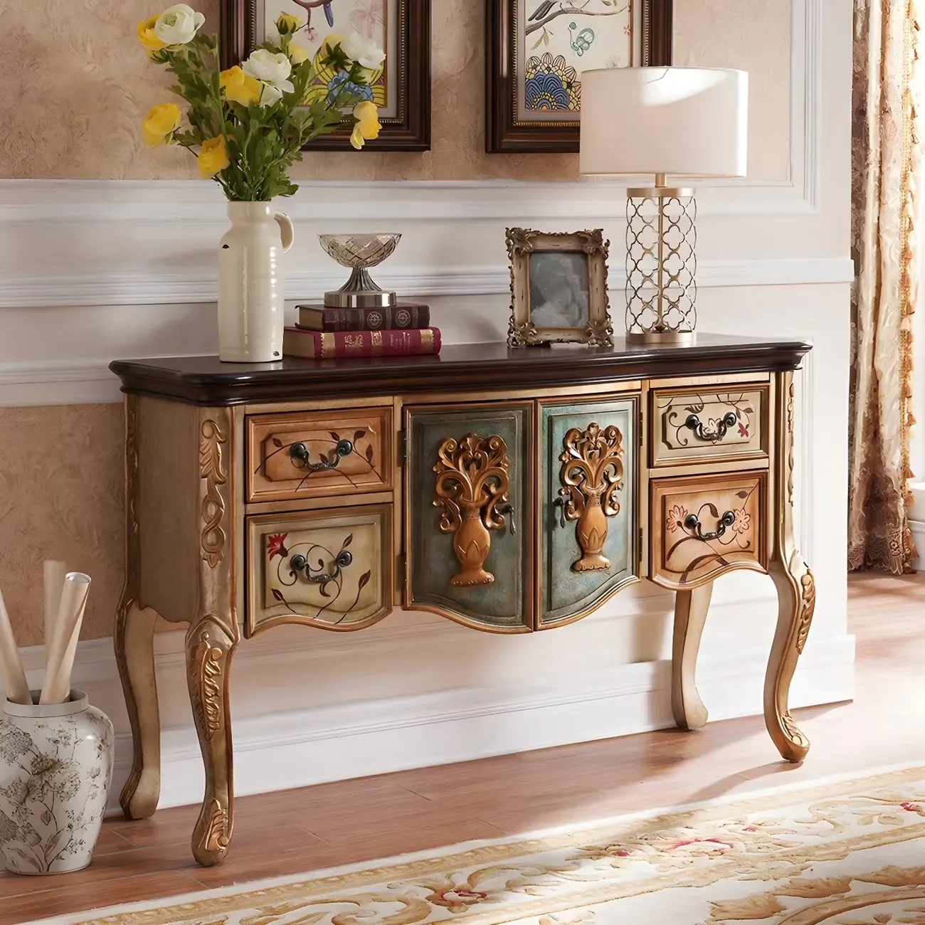 French Coffee Wood Storage Console Table with Drawers Image - 2