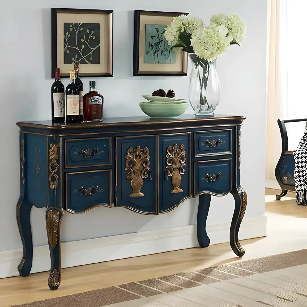 French Coffee Wood Storage Console Table with Drawers Image - 3