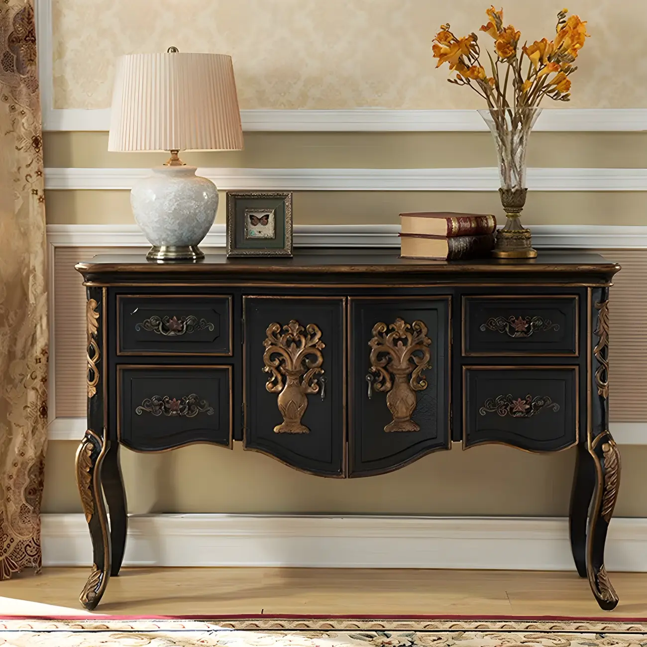 French Coffee Wood Storage Console Table with Drawers Image - 4 | homeyfad