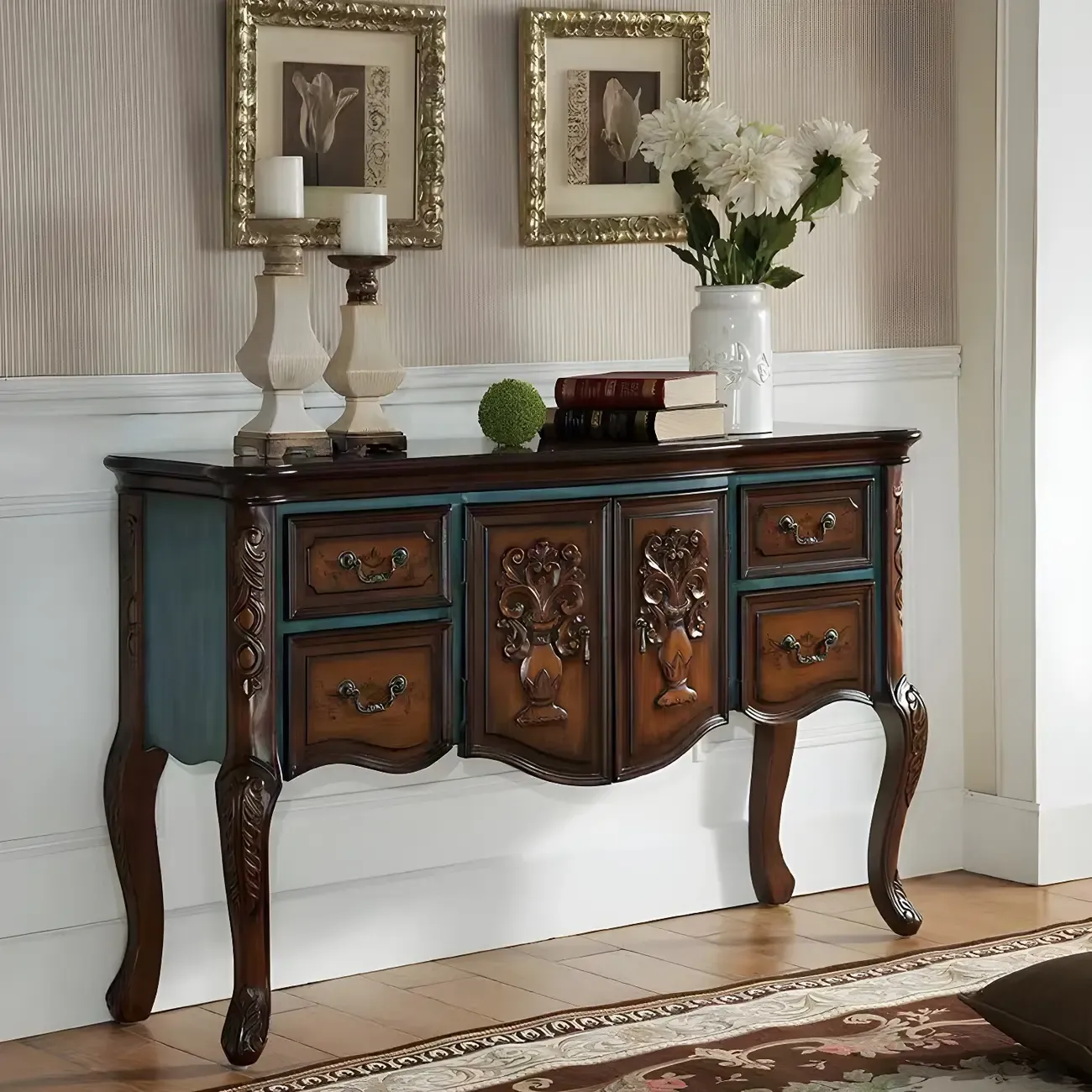 French Coffee Wood Storage Console Table with Drawers Image - 7