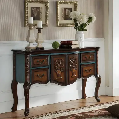 French Coffee Wood Storage Console Table with Drawers Image - 7
