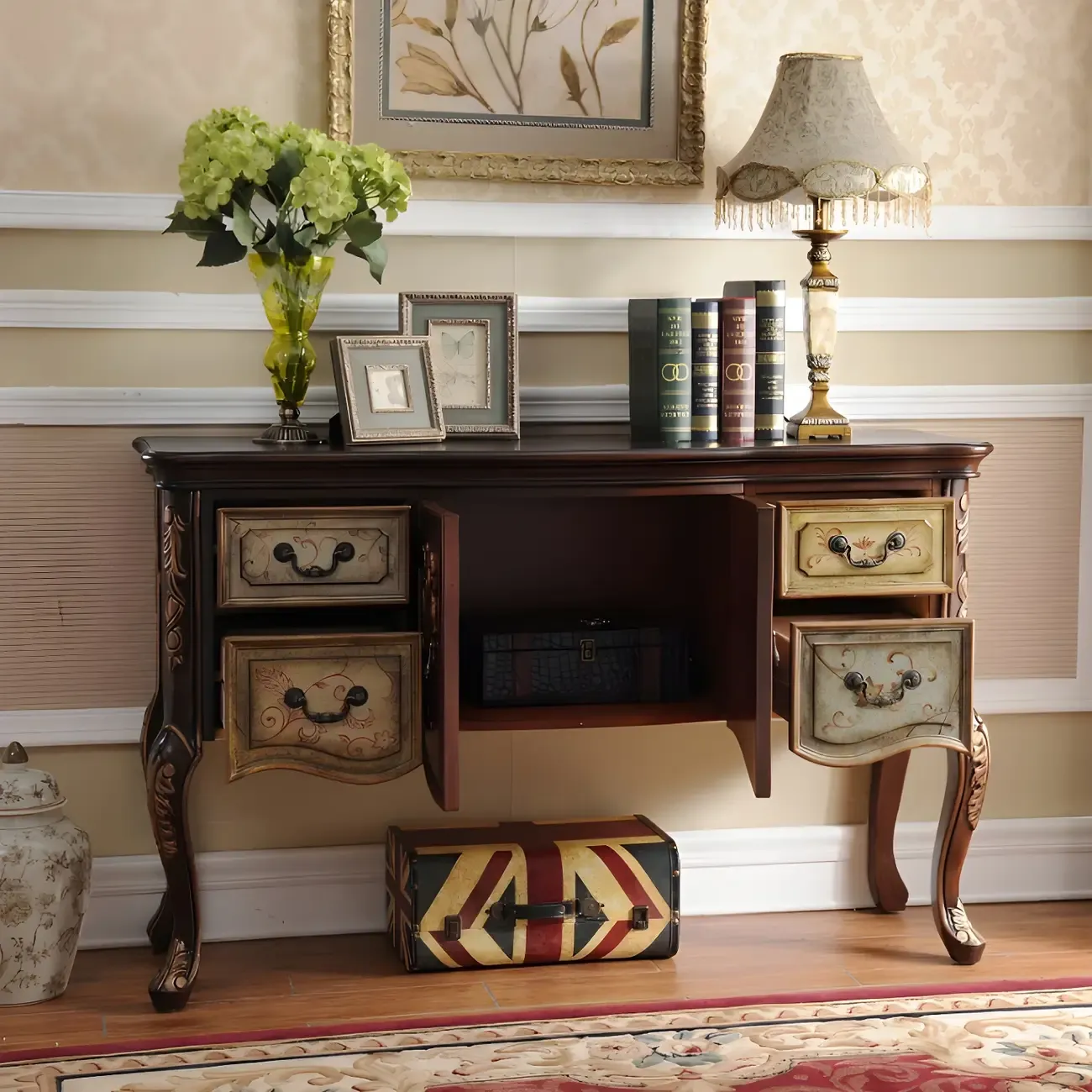French Coffee Wood Storage Console Table with Drawers Image - 13