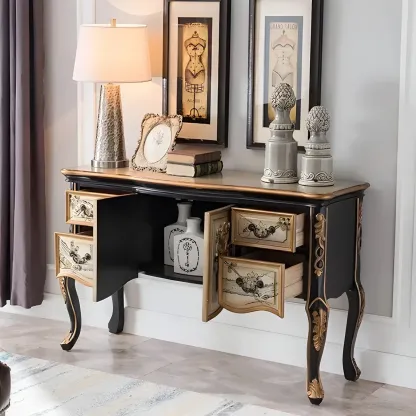 French Coffee Wood Storage Console Table with Drawers Image - 14