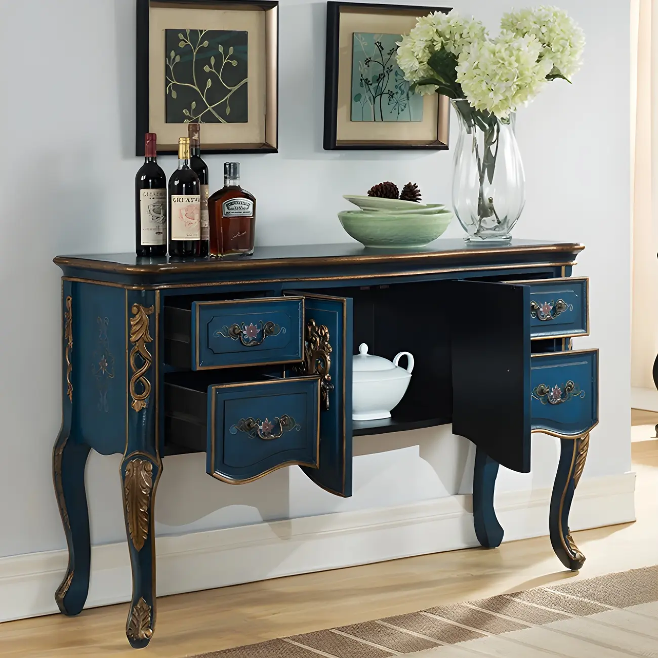French Coffee Wood Storage Console Table with Drawers Image - 15 | homeyfad