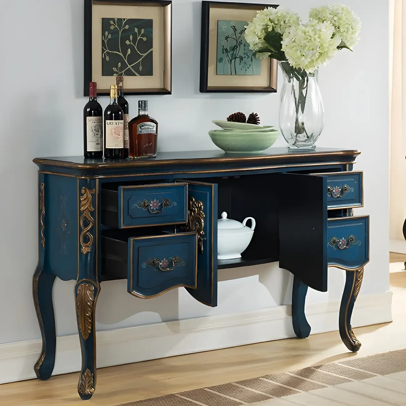 French Coffee Wood Storage Console Table with Drawers Image - 15
