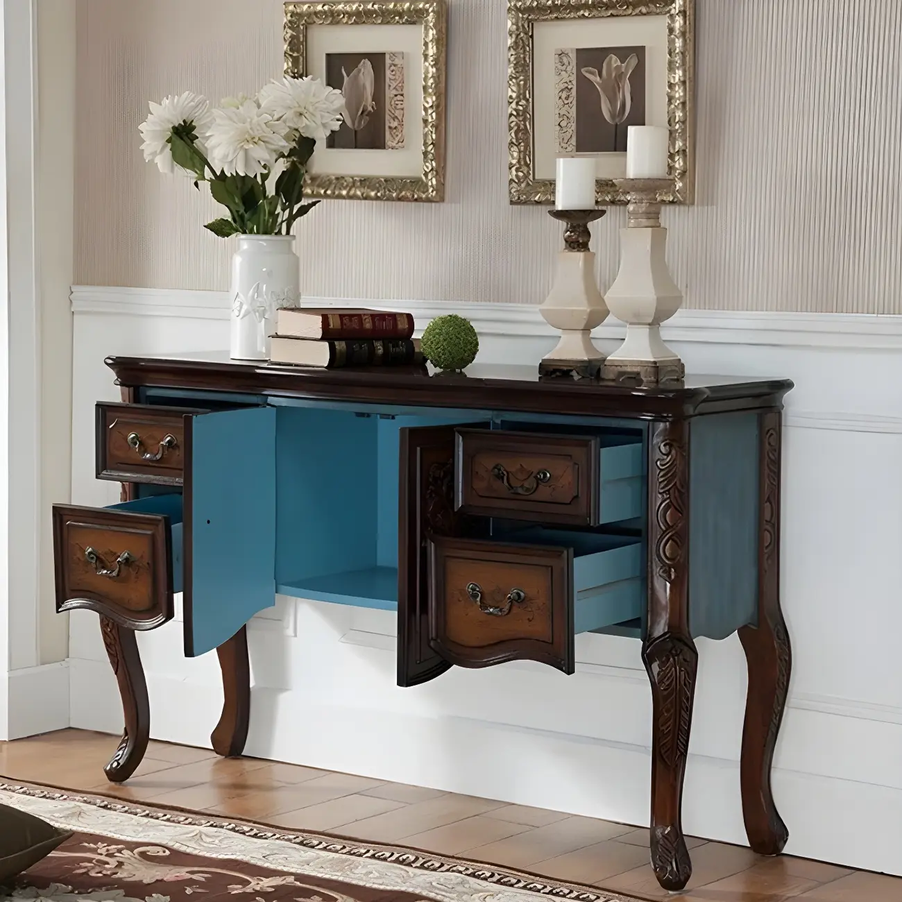 French Coffee Wood Storage Console Table with Drawers Image - 16 | homeyfad