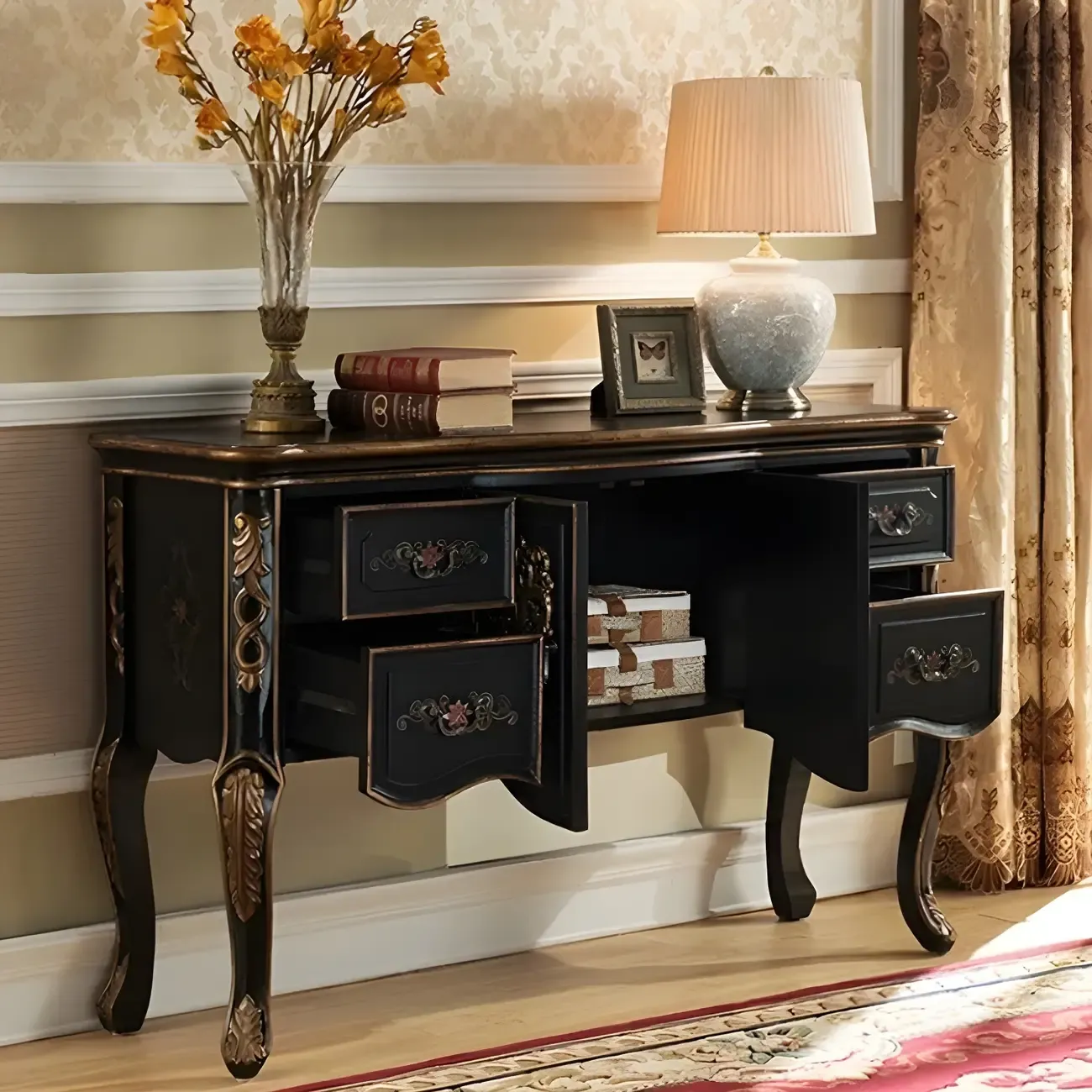 French Coffee Wood Storage Console Table with Drawers Image - 17
