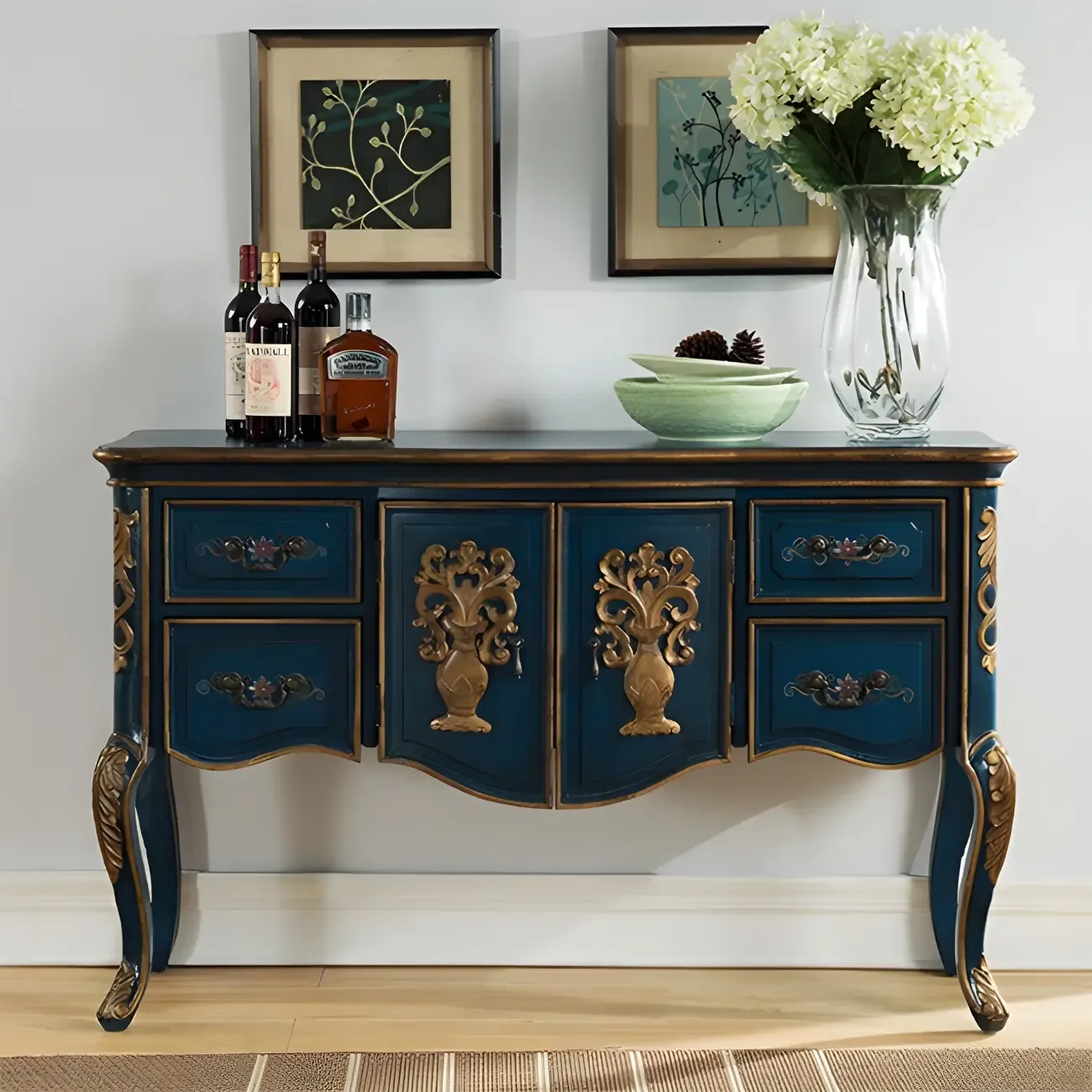 French Coffee Wood Storage Console Table with Drawers Image - 18