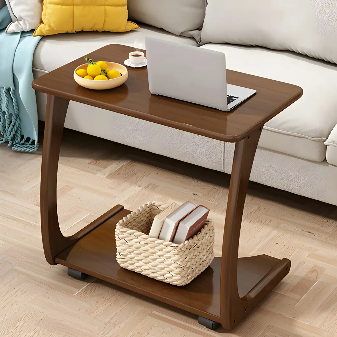 C-Shaped Walnut Storage Mobile Side Table with Tray Top Image - 1 | homeyfad