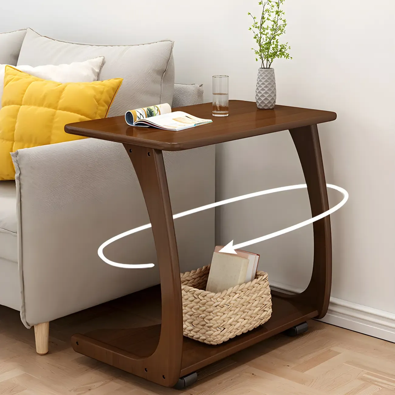 C-Shaped Walnut Storage Mobile Side Table with Tray Top Image - 9
