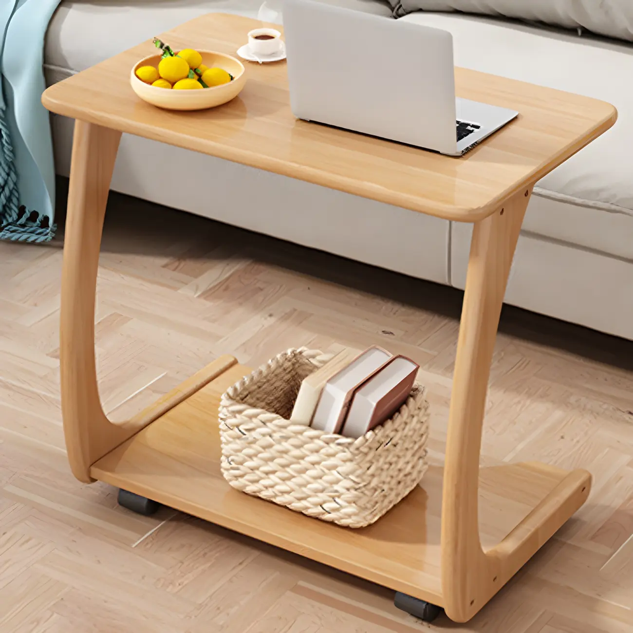 C-Shaped Walnut Storage Mobile Side Table with Tray Top Image - 2 | homeyfad