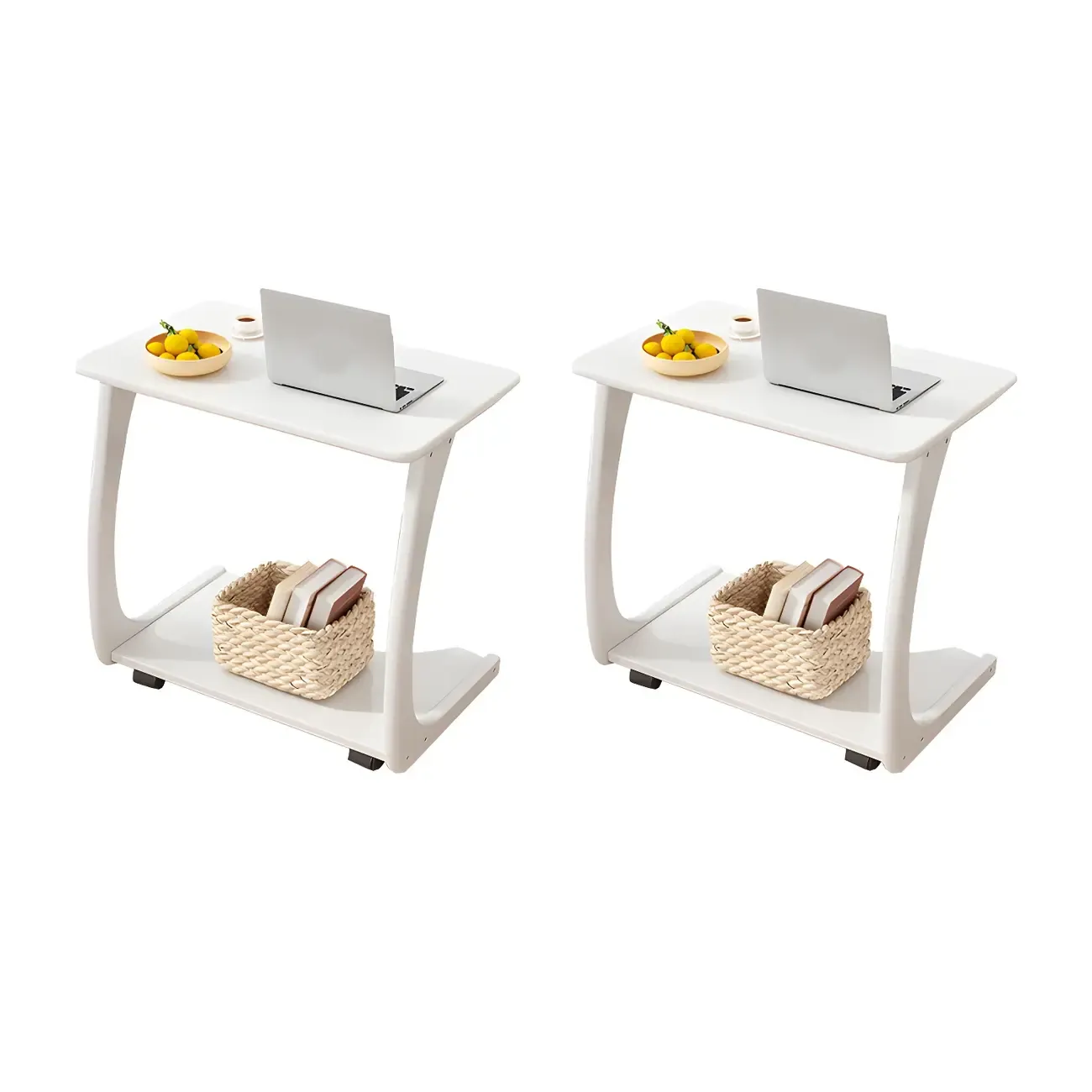 C-Shaped Walnut Storage Mobile Side Table with Tray Top Image - 12