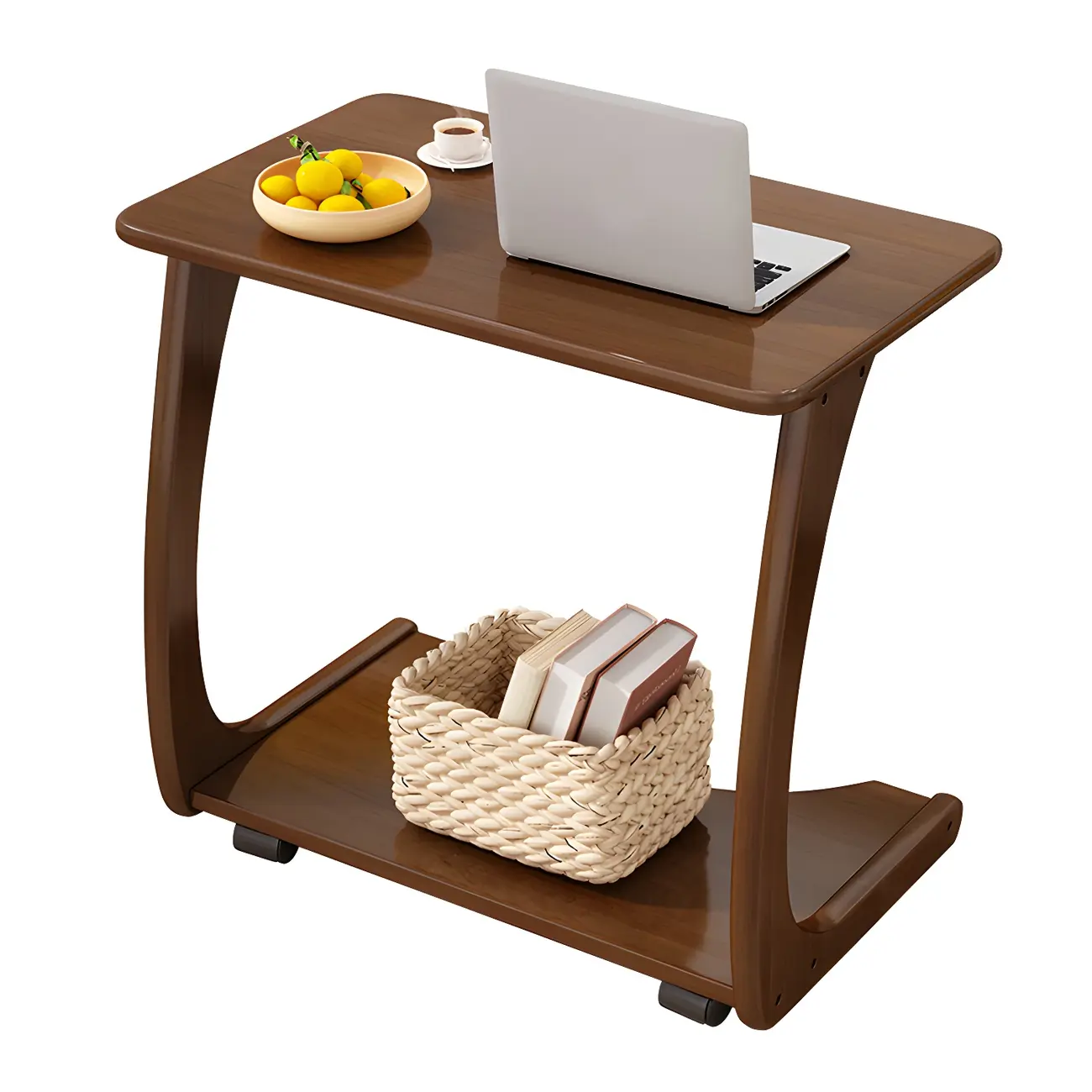 C-Shaped Walnut Storage Mobile Side Table with Tray Top Image - 7 | homeyfad