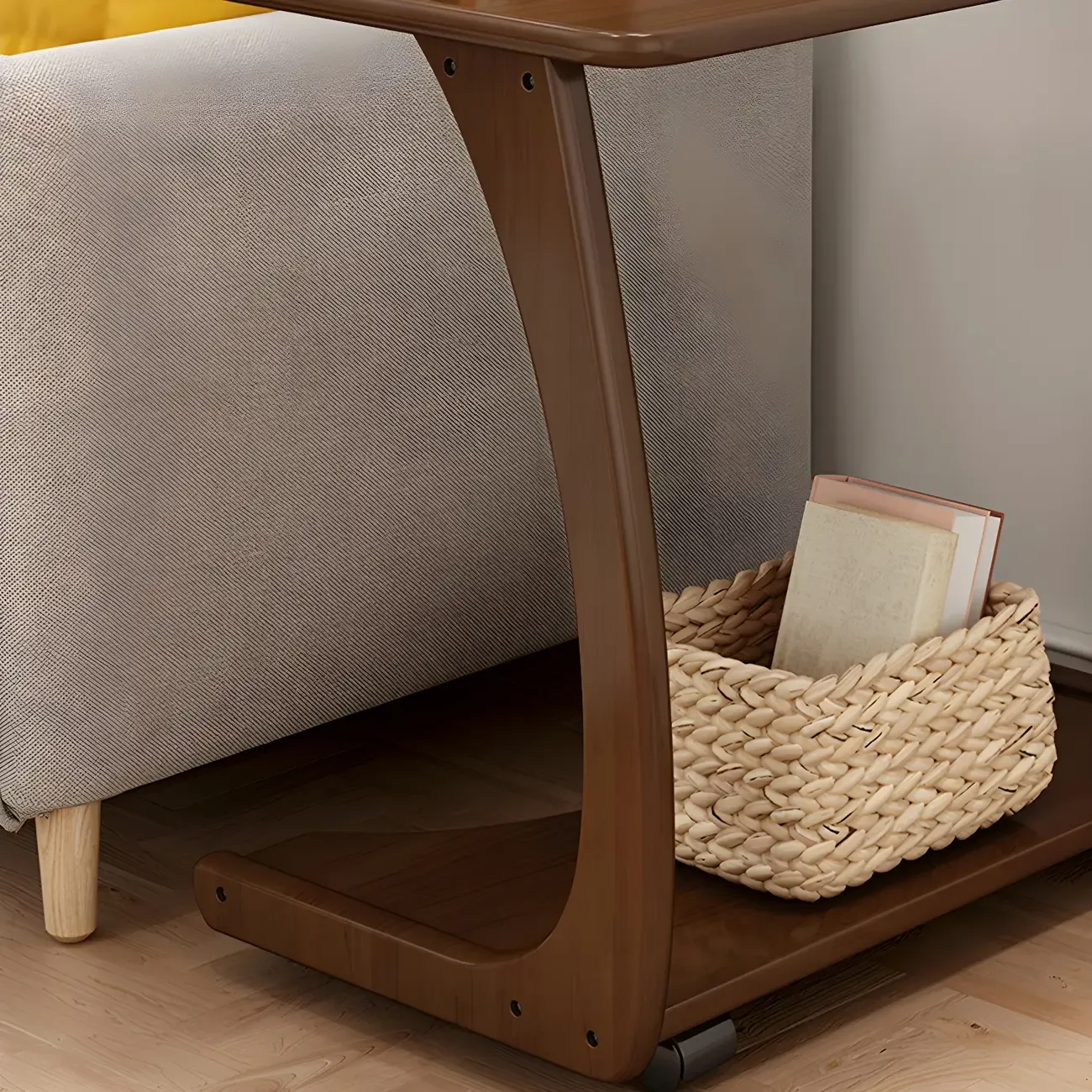 C-Shaped Walnut Storage Mobile Side Table with Tray Top Image - 14