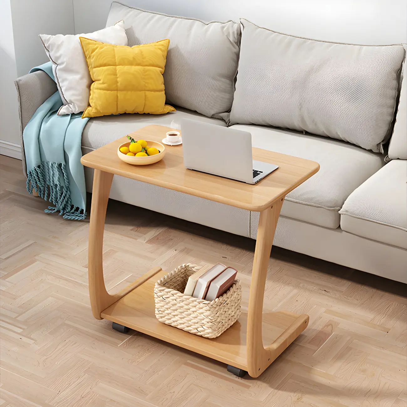 C-Shaped Walnut Storage Mobile Side Table with Tray Top Image - 3 | homeyfad