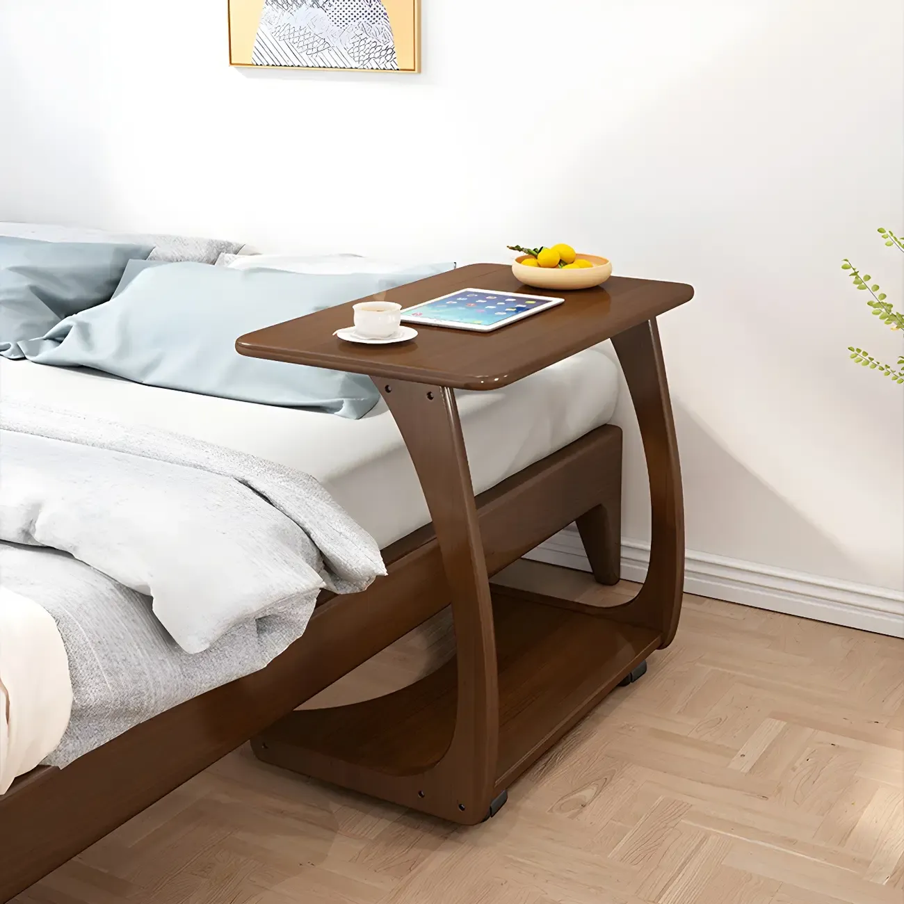 C-Shaped Walnut Storage Mobile Side Table with Tray Top Image - 4