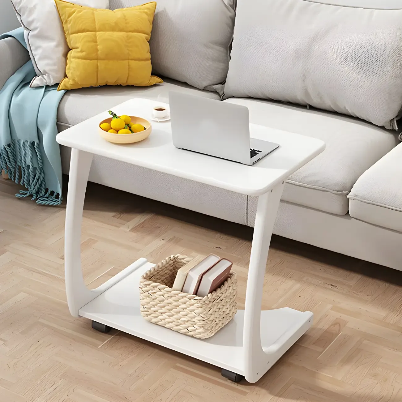 C-Shaped Walnut Storage Mobile Side Table with Tray Top Image - 17