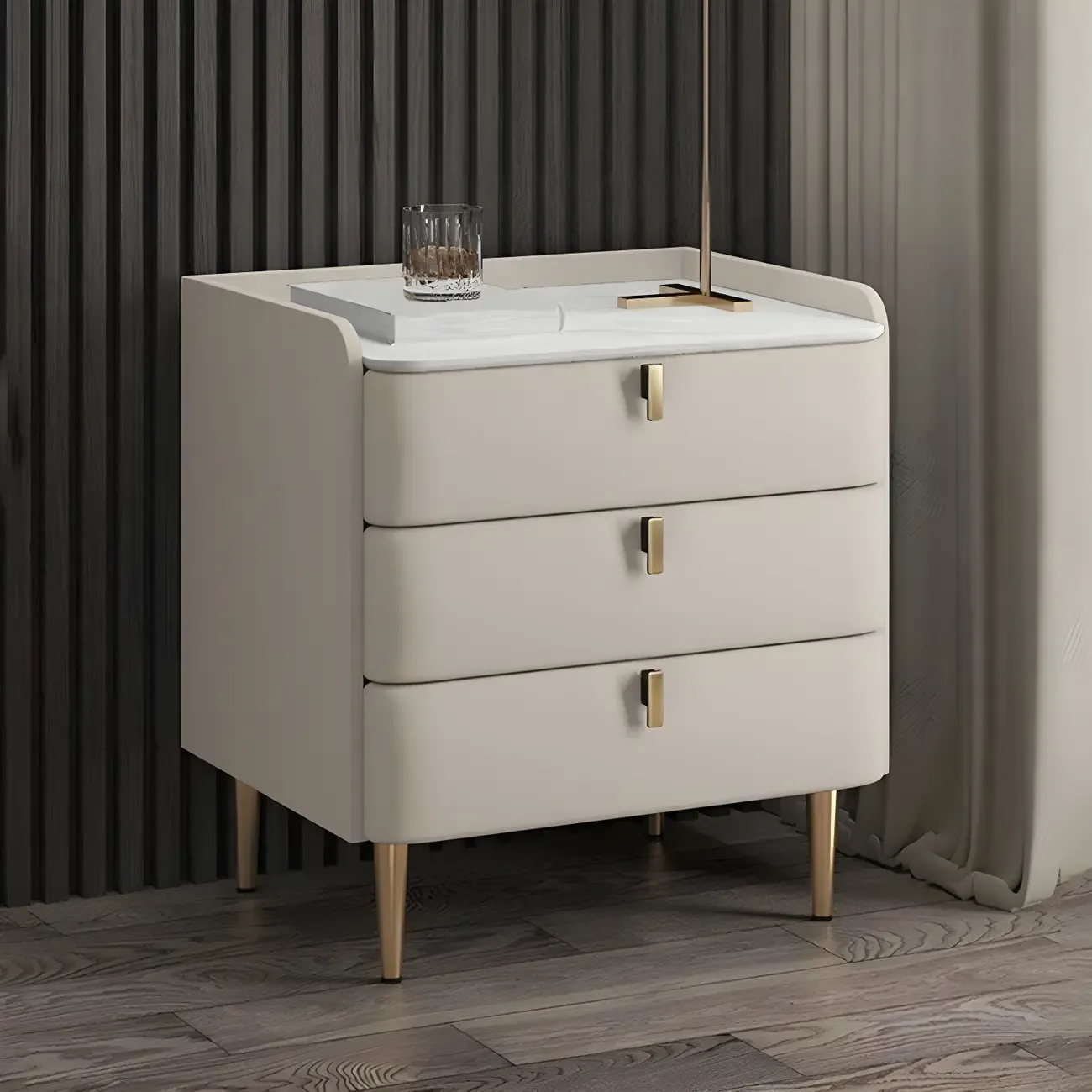 Glam Leather Sintered Stone Top Nightstand with Drawers Image - 1