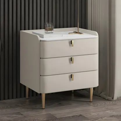 Glam Leather Sintered Stone Top Nightstand with Drawers Image - 1