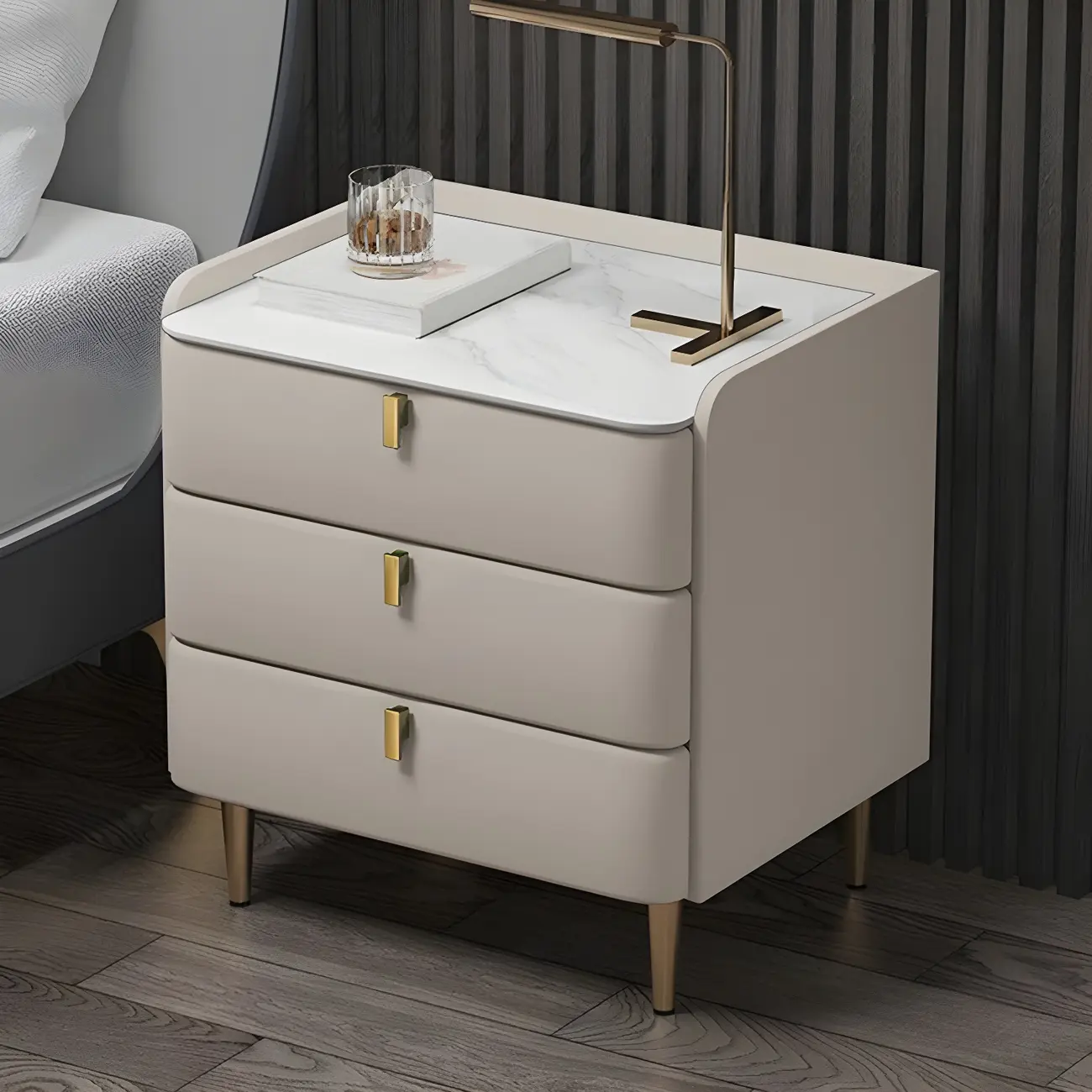 Glam Leather Sintered Stone Top Nightstand with Drawers Image - 9 | homeyfad