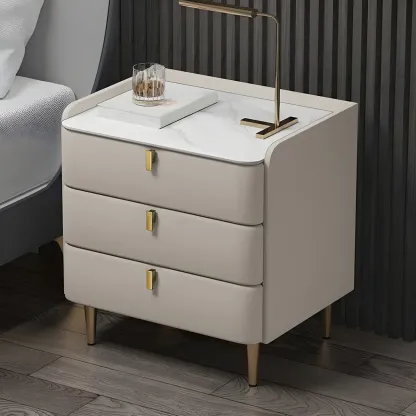Glam Leather Sintered Stone Top Nightstand with Drawers Image - 9