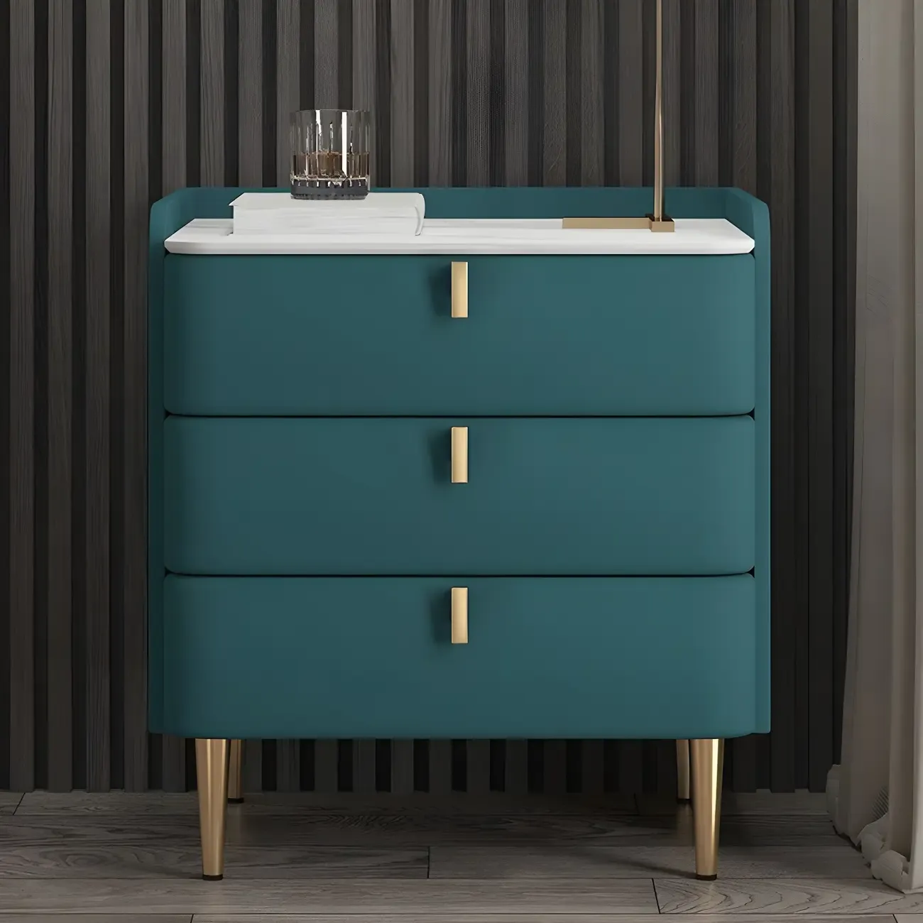 Glam Leather Wood Sintered Stone Top Nightstand with Drawers | HomeyFad