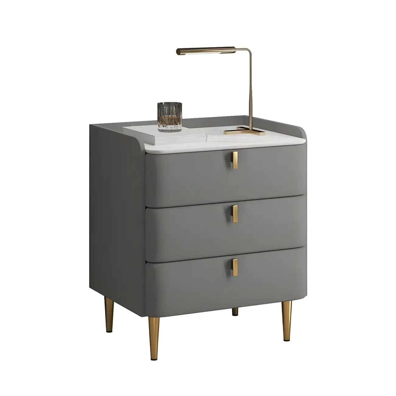 Glam Leather Sintered Stone Top Nightstand with Drawers Image - 14