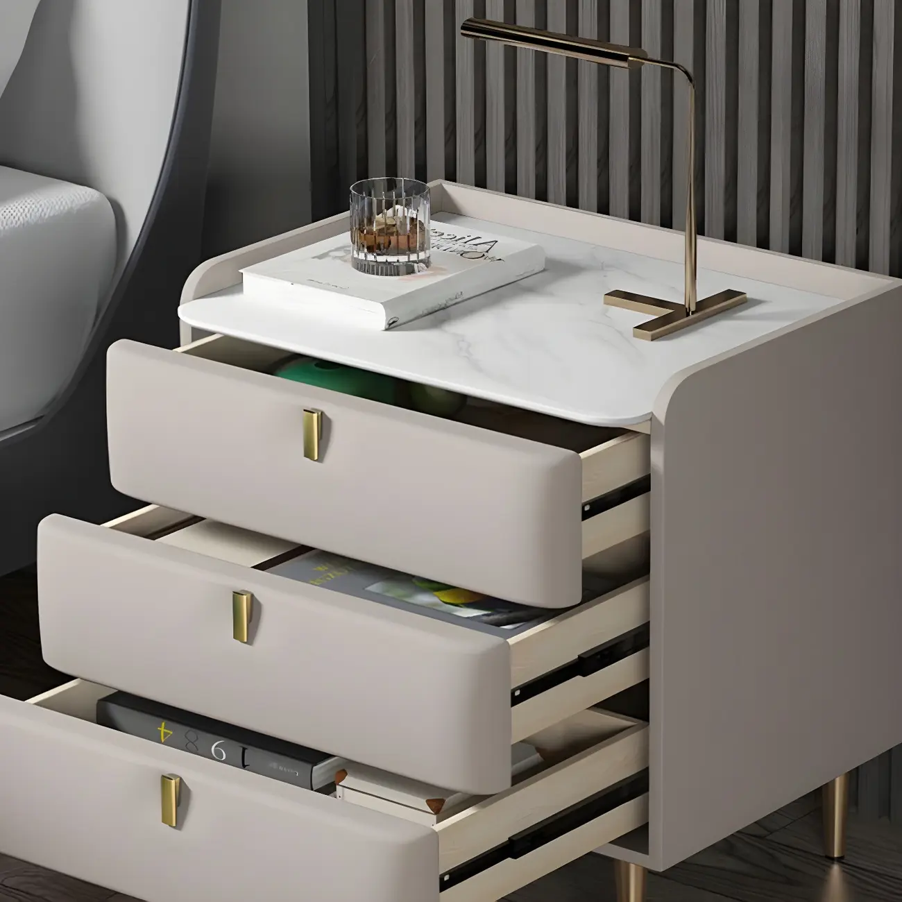 Glam Leather Sintered Stone Top Nightstand with Drawers Image - 2 | homeyfad