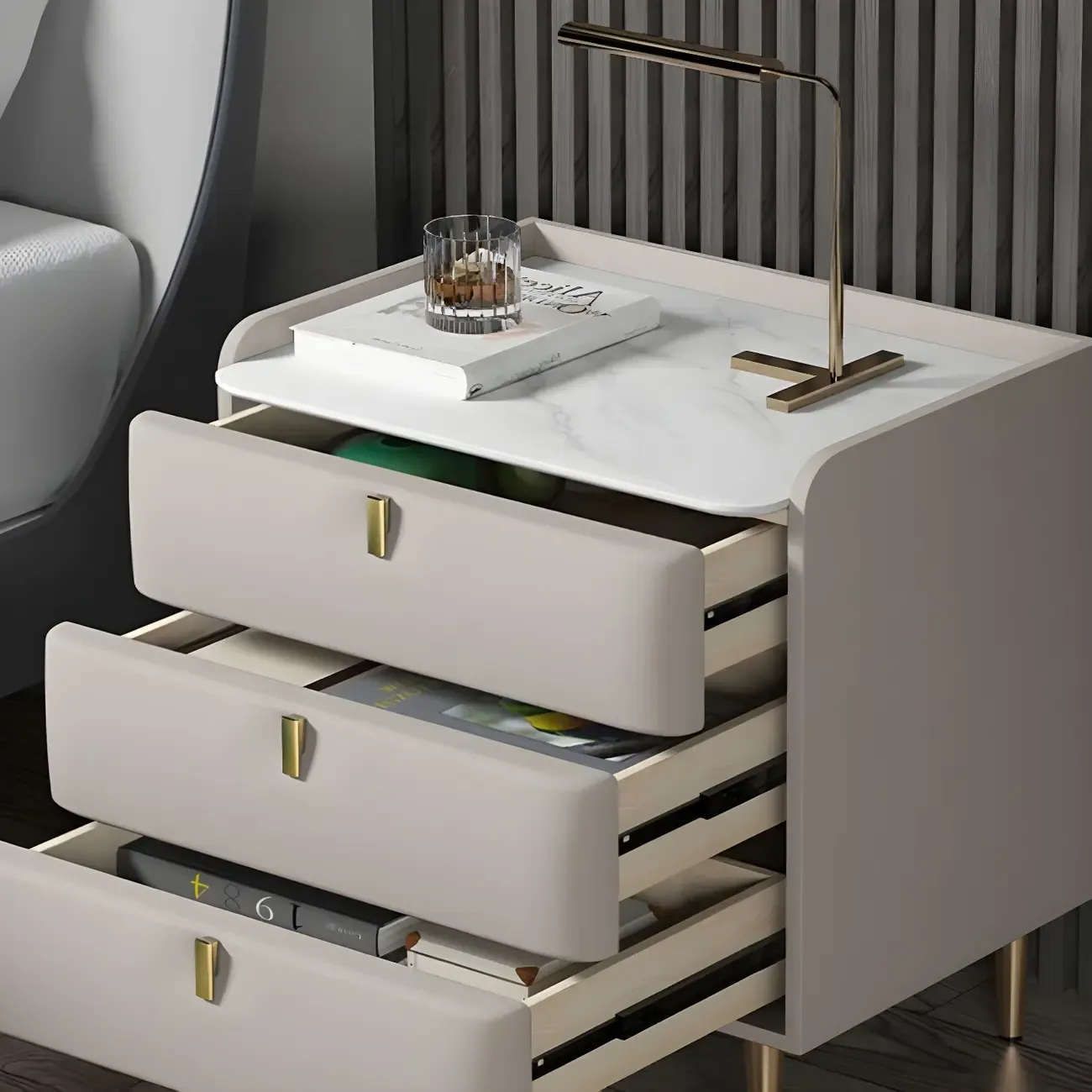 Glam Leather Sintered Stone Top Nightstand with Drawers Image - 2