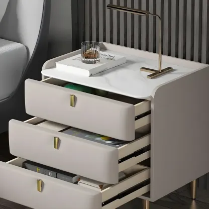 Glam Leather Sintered Stone Top Nightstand with Drawers Image - 2
