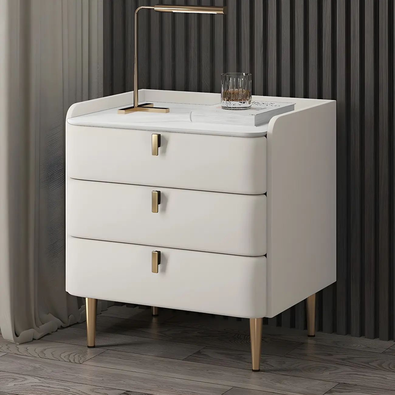 Glam Leather Sintered Stone Top Nightstand with Drawers Image - 3 | homeyfad