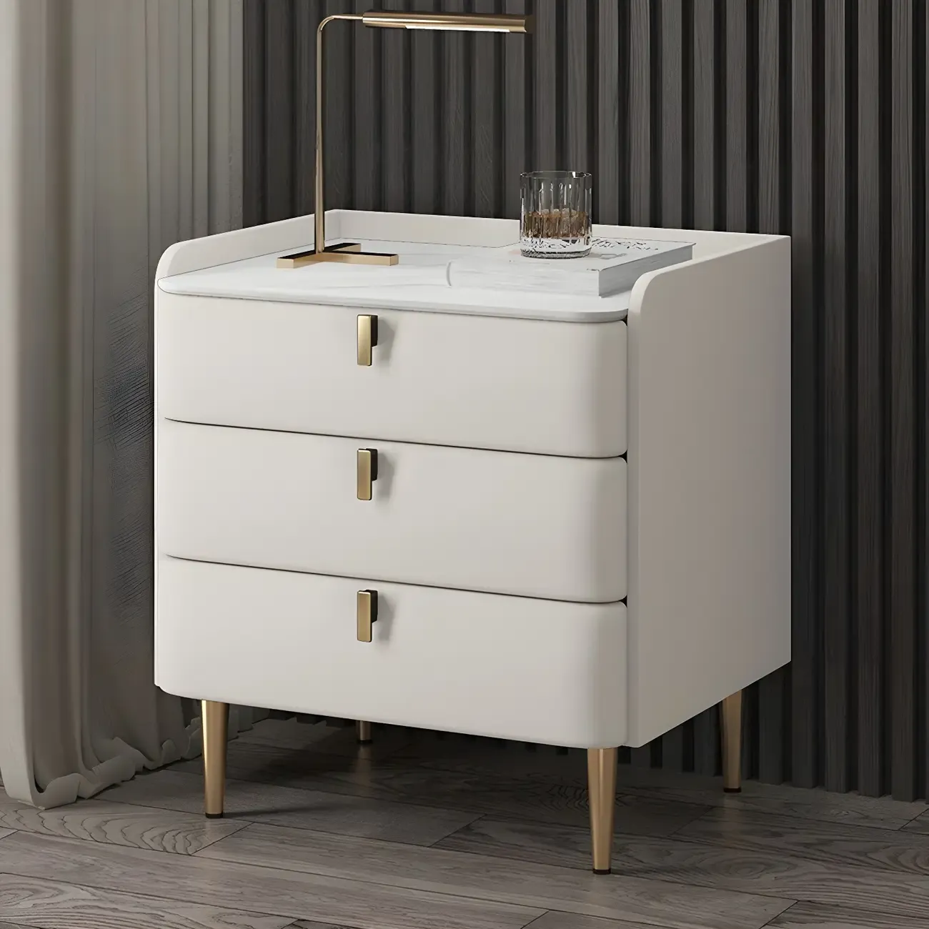 Glam Leather Sintered Stone Top Nightstand with Drawers Image - 3