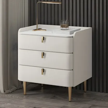 Glam Leather Sintered Stone Top Nightstand with Drawers Image - 3