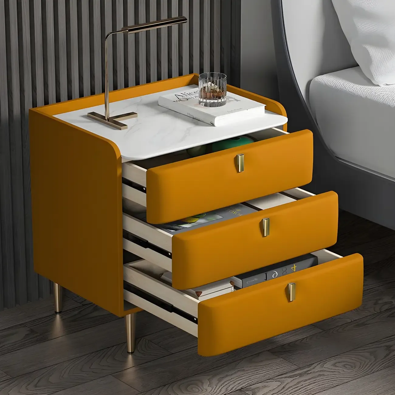 Glam Leather Sintered Stone Top Nightstand with Drawers Image - 11