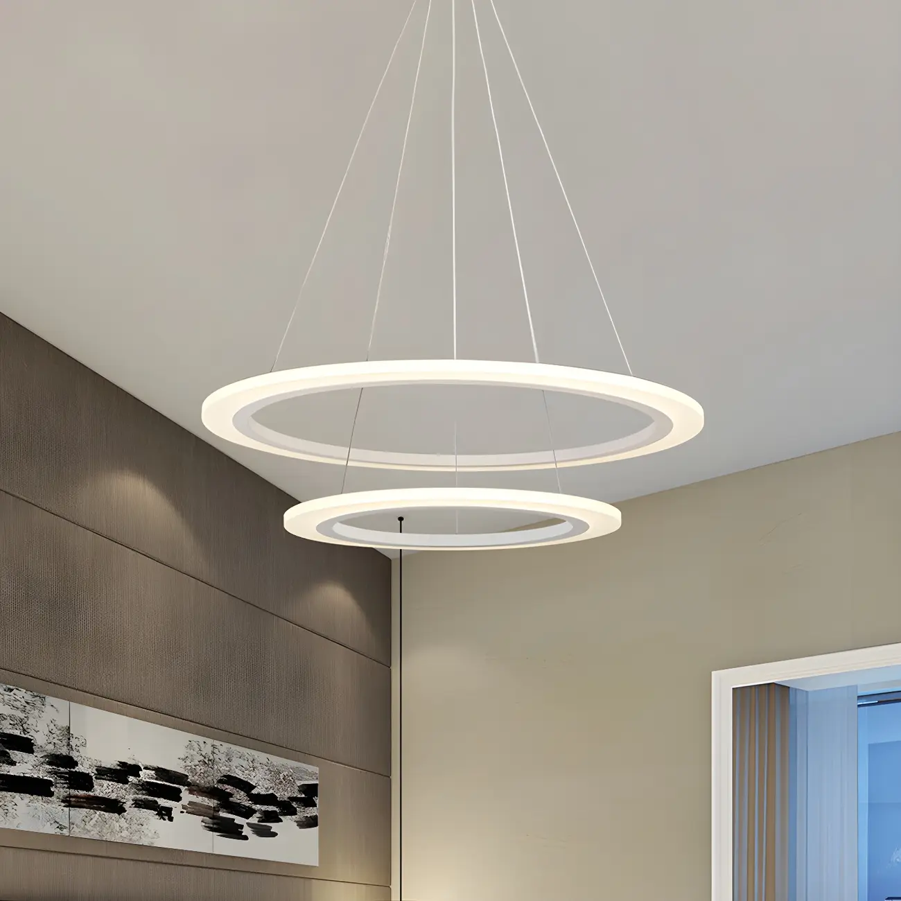 White Circular Modern Metal LED Pendant Chandelier Image - 4 | homeyfad