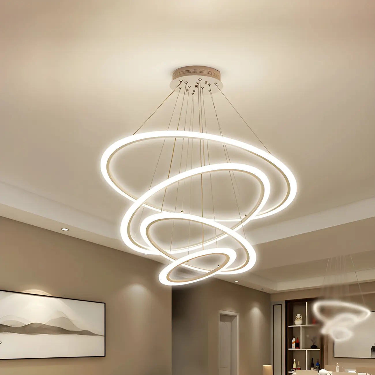 White Circular Modern Metal LED Pendant Chandelier Image - 8 | homeyfad
