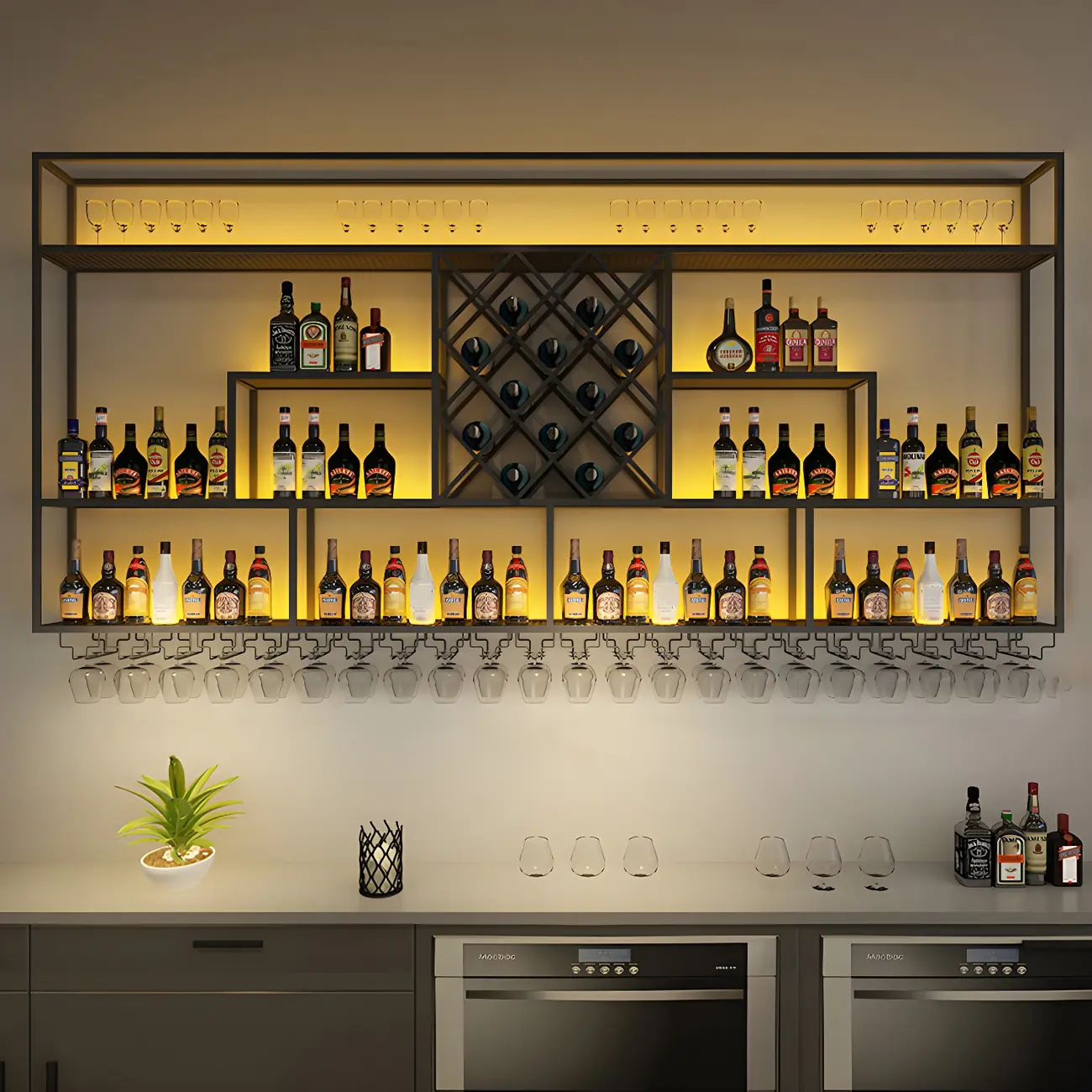 Rectangular Black Metal Wall-Mounted Wine Bottle Rack Image - 2 | homeyfad