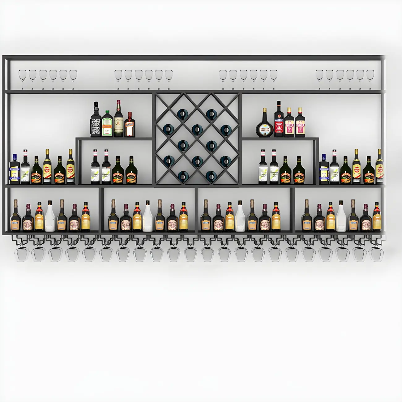 Rectangular Black Metal Wall-Mounted Wine Bottle Rack Image - 7 | homeyfad
