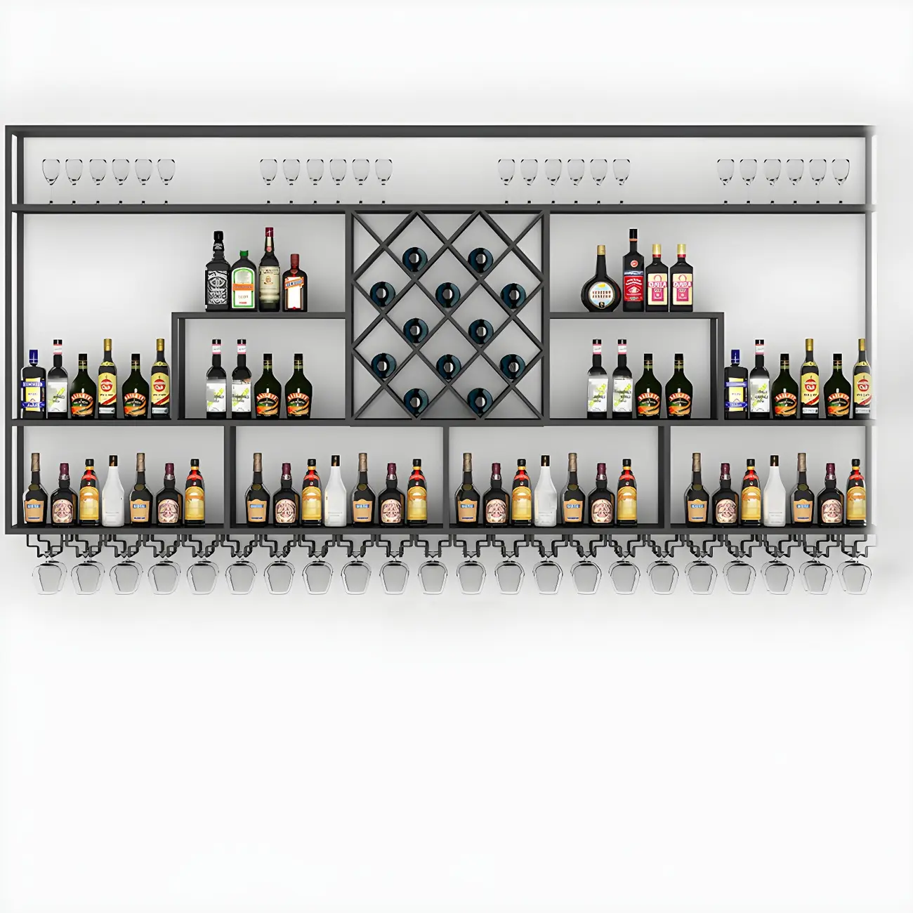 Rectangular Black Metal Wall-Mounted Wine Bottle Rack Image - 10 | homeyfad