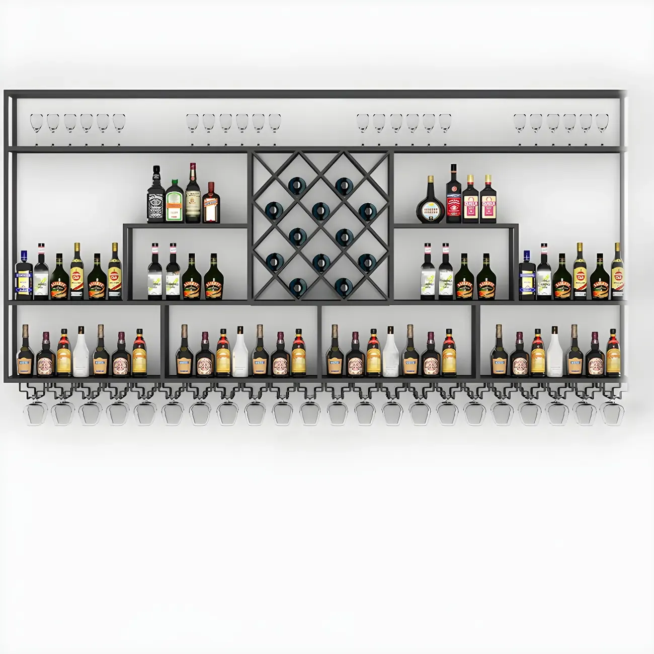 Rectangular Black Metal Wall-Mounted Wine Bottle Rack Image - 10