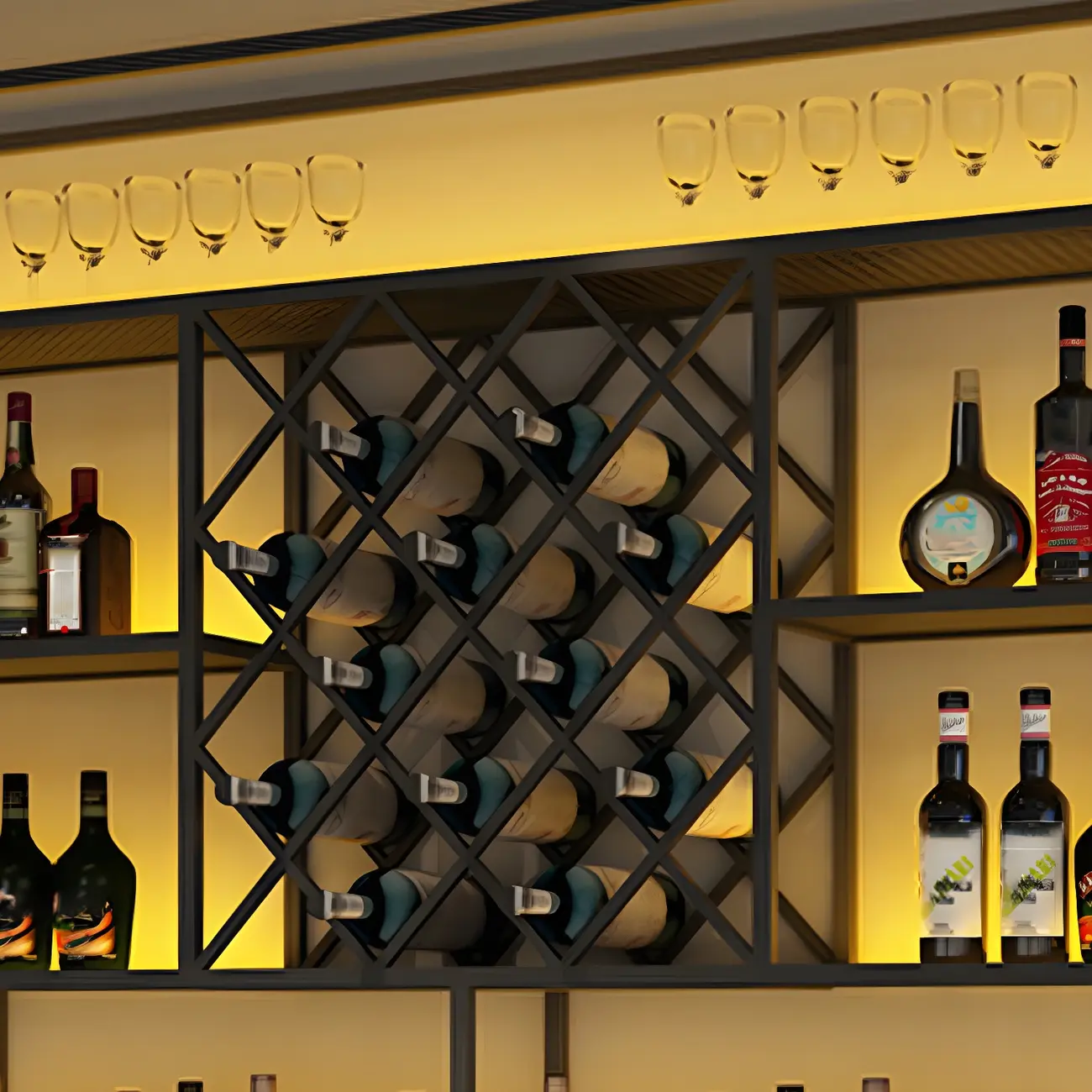 Rectangular Black Metal Wall-Mounted Wine Bottle Rack Image - 14 | homeyfad