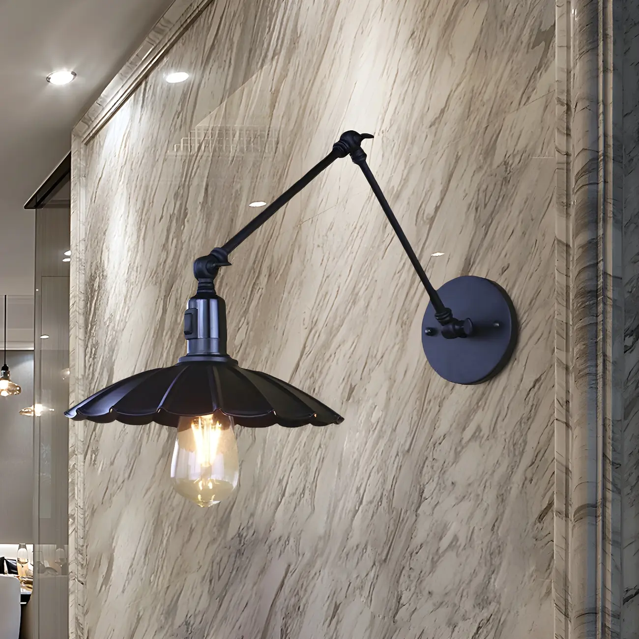 Metal Black Swing Arm Wall Light with Scalloped Shade Image - 12 | homeyfad