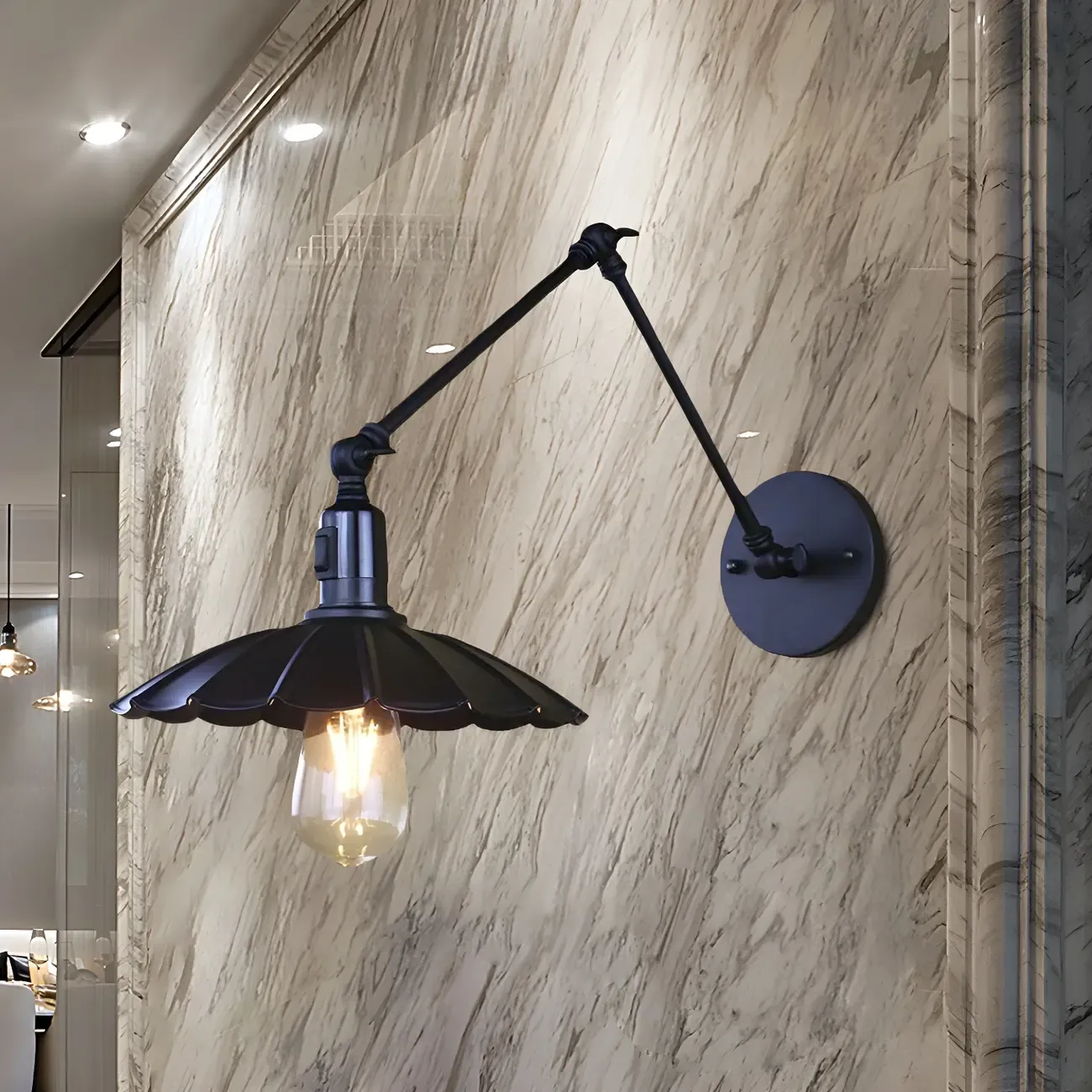 Metal Black Swing Arm Wall Light with Scalloped Shade Image - 12