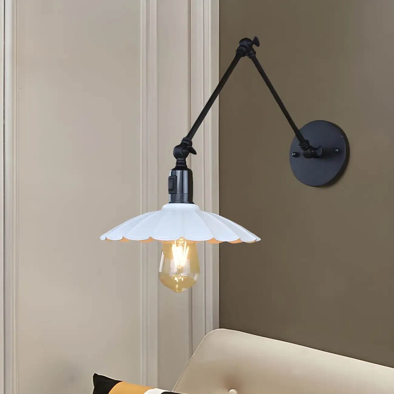 Metal Black Swing Arm Wall Light with Scalloped Shade Image - 13