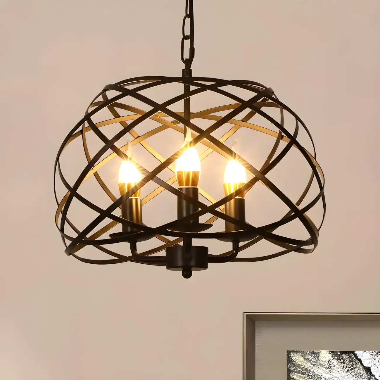 Vintage Stylish Open Cage Hanging Light with Candle 3 Heads Hanging Chandelier Light in Black