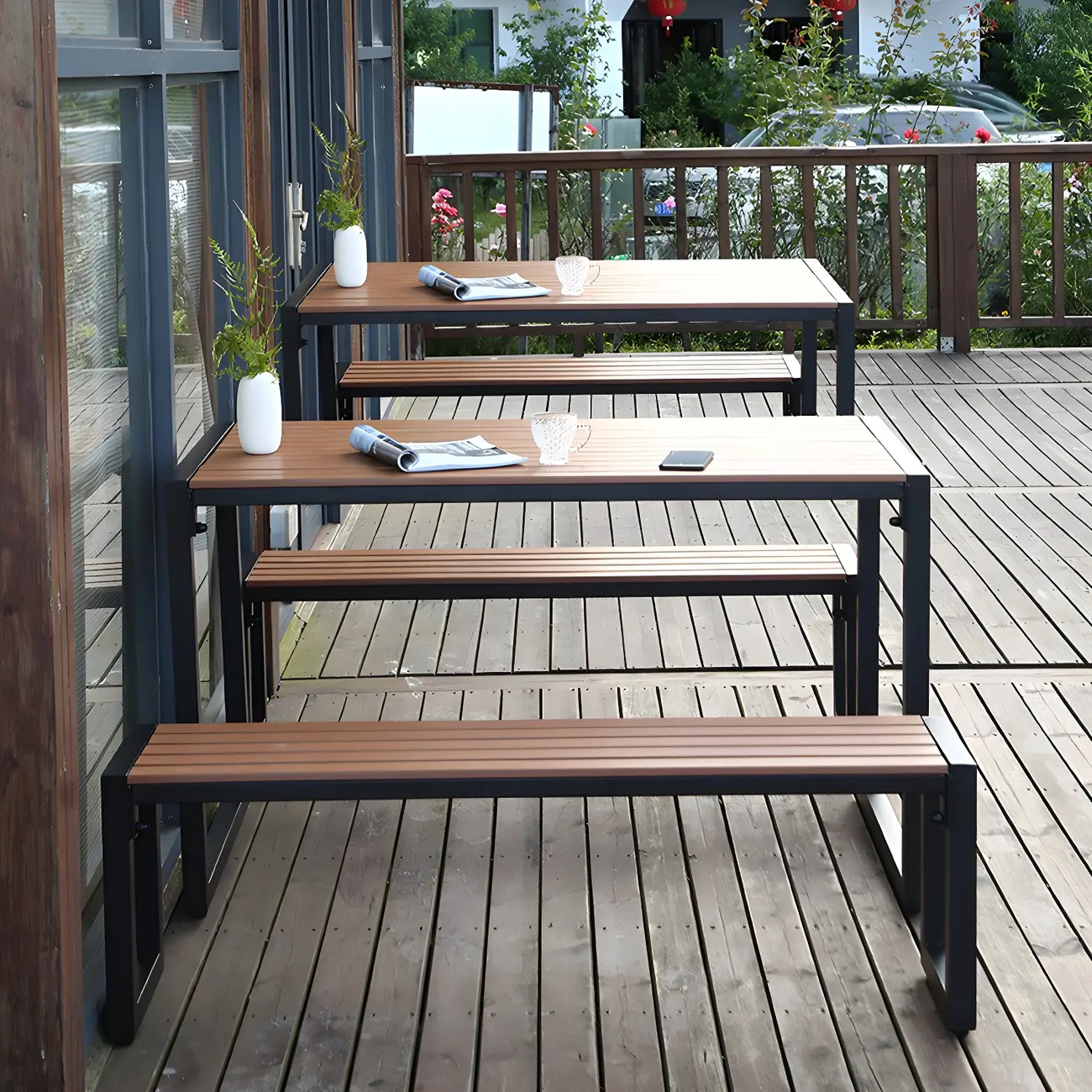 Brown Slatted Wood Sled Outdoor Dining Table Image - 2 | homeyfad